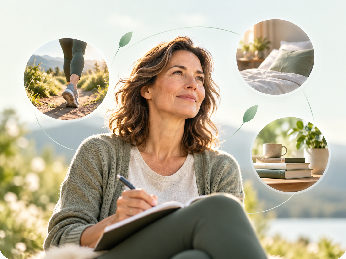 A calm, healthy middle-aged woman outdoors, with visual cues for movement, quality sleep and focused learning.