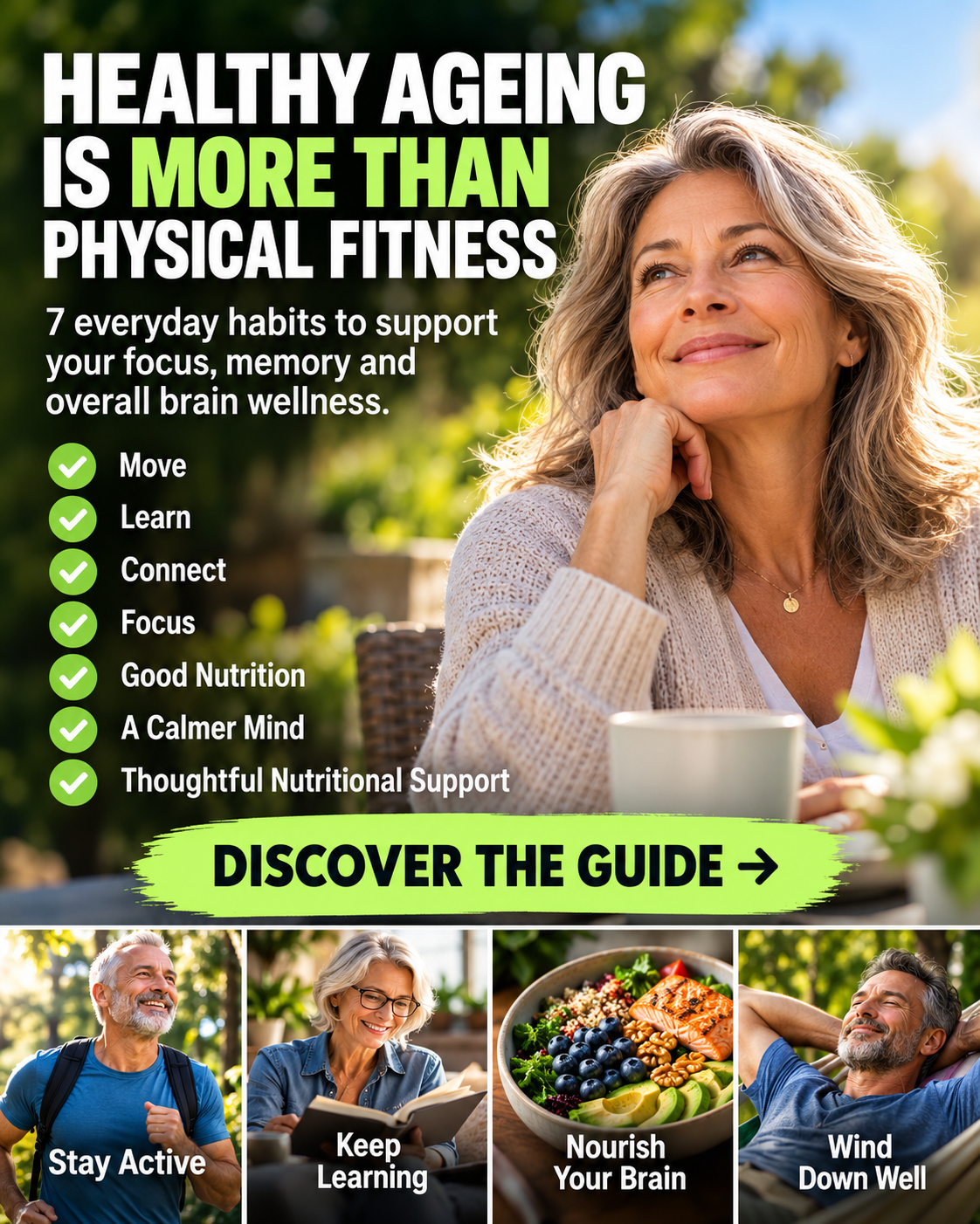Healthy Ageing visual: movement, learning, nutrition and focus